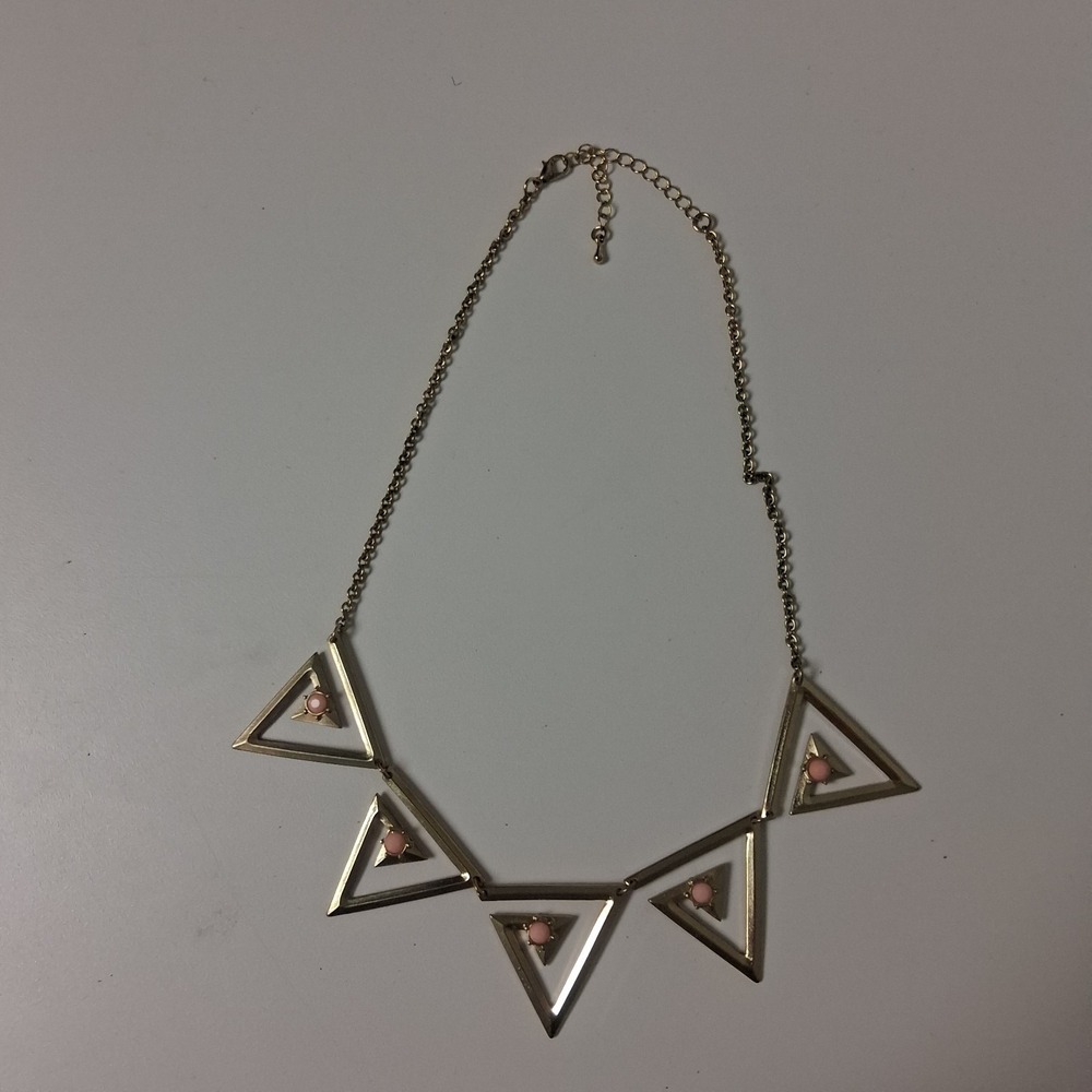Vintage‎ Geometric Triangle Statement Necklace Gold Tone Pink Bead Boho Y2K